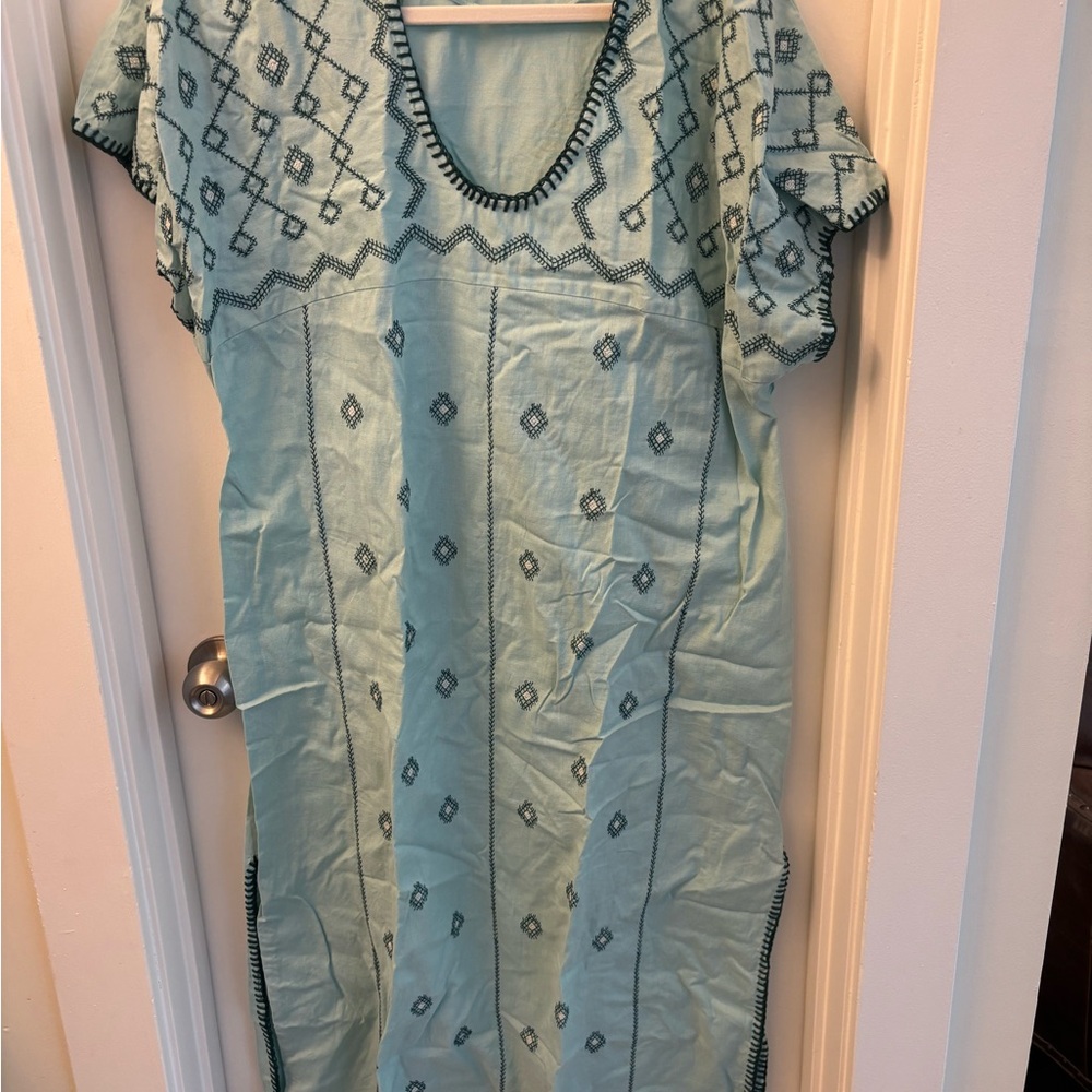 Zara Light Blue/Mint Green Embroidered Kaftan Dress